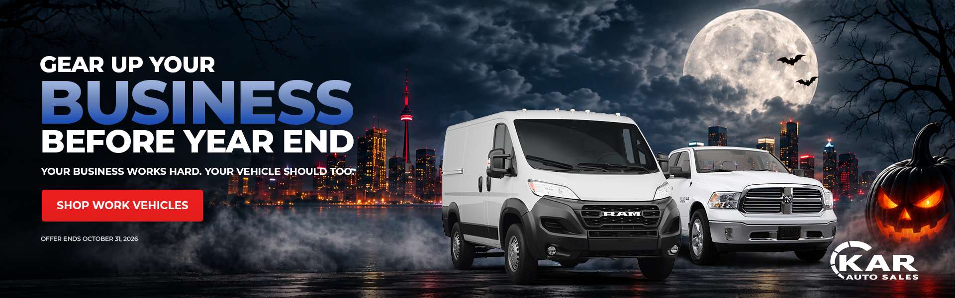 Gear up before year-end with work vans and trucks at KAR Auto Sales. Book an appointment.