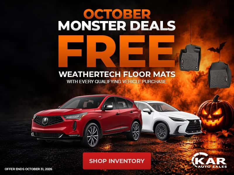 Free WeatherTech floor mats with every qualifying vehicle purchase at KAR Auto Sales through October 31, 2026.