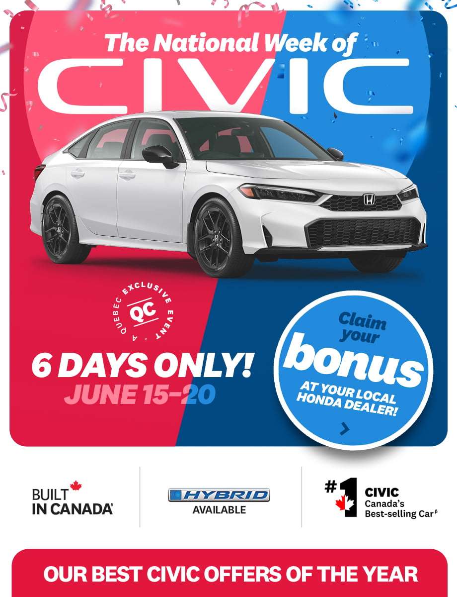 Promotional banner for The National Week of Civic at Honda Saint-Jean. A white Honda Civic is displayed on a blue and red background, announcing a 6-day Quebec exclusive event from June 15 to 20 to claim a bonus. It highlights that the Civic is built in Canada, available in hybrid, and Canada's best-selling car.