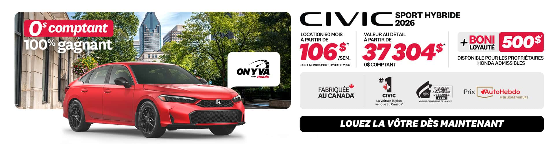 Promotion Civic Berline Hybride 2026 chez Honda Saint-Jean — location 105 $/semaine, 0 $ comptant