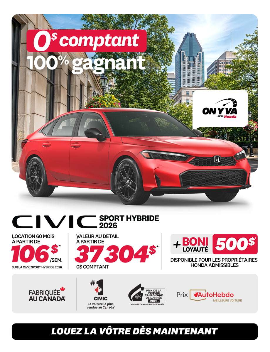 Promotion Civic Berline Hybride 2026 chez Honda Saint-Jean — location 105 $/semaine, 0 $ comptant
