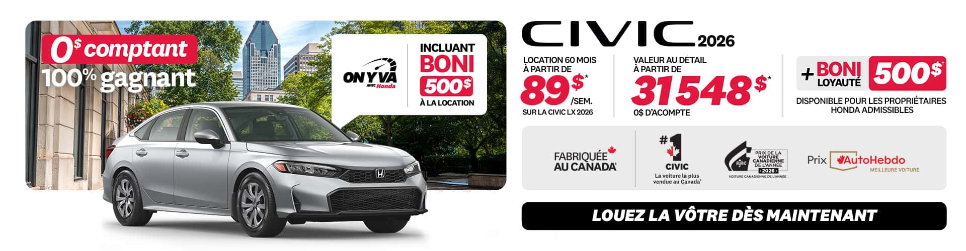 Promotion Civic Berline LX 2026 chez Honda Saint-Jean — location 89 $/semaine, 0 $ comptant