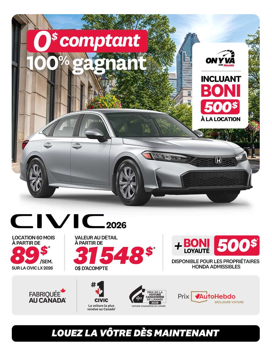 Promotion Civic Berline LX 2026 chez Honda Saint-Jean — location 89 $/semaine, 0 $ comptant