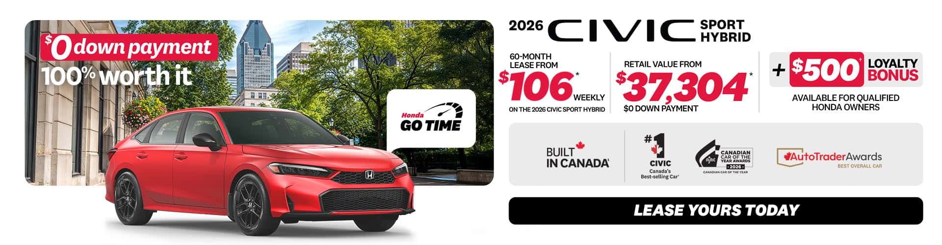 Civic Hybrid Sedan 2026 promotion at Honda Saint-Jean — lease $105/week, $0 down