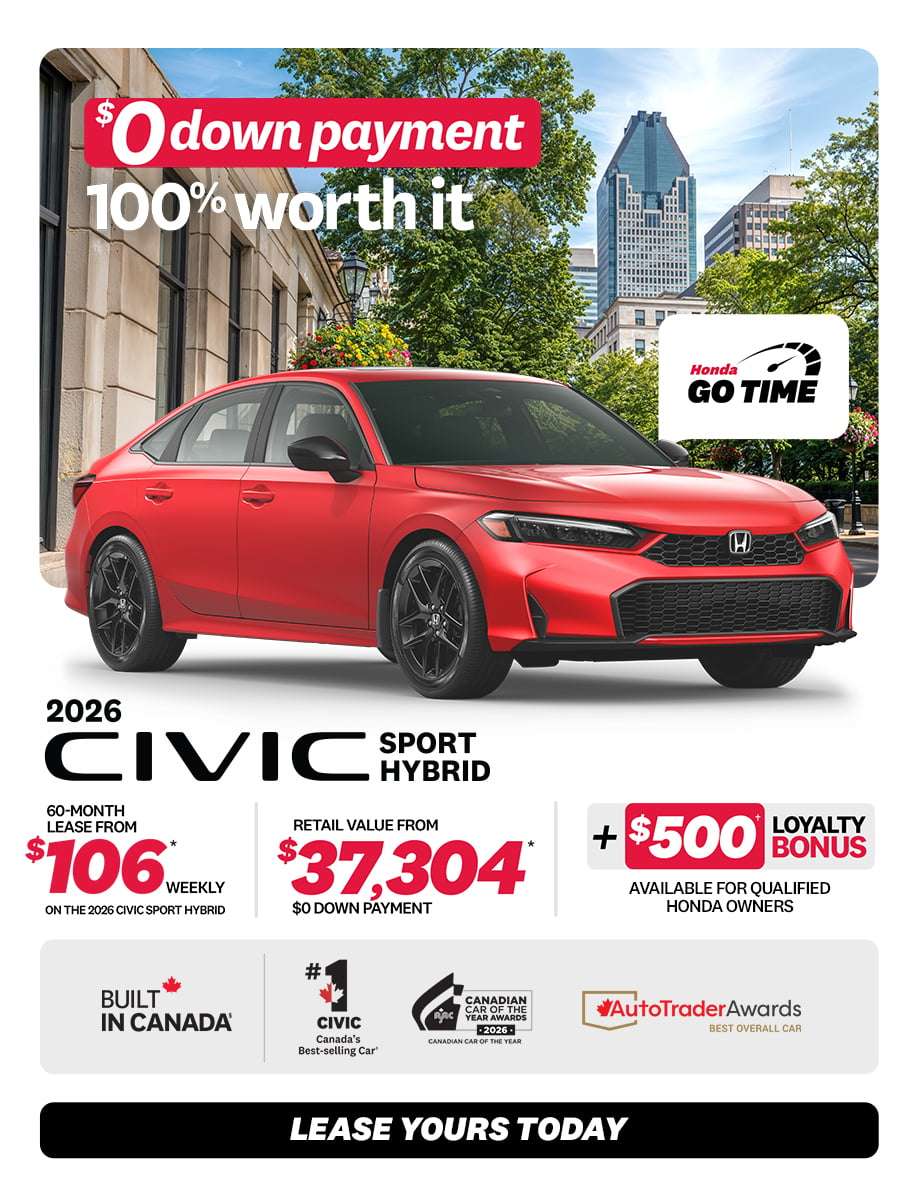 Civic Hybrid Sedan 2026 promotion at Honda Saint-Jean — lease $105/week, $0 down