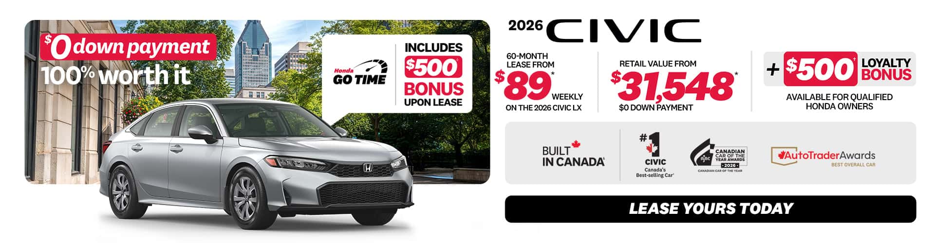 Civic Sedan LX 2026 promotion at Honda Saint-Jean — lease $89/week, $0 down