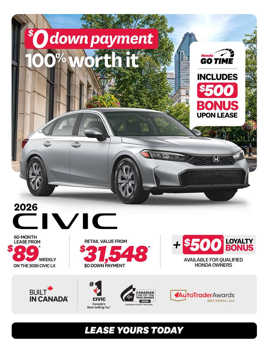 Civic Sedan LX 2026 promotion at Honda Saint-Jean — lease $89/week, $0 down