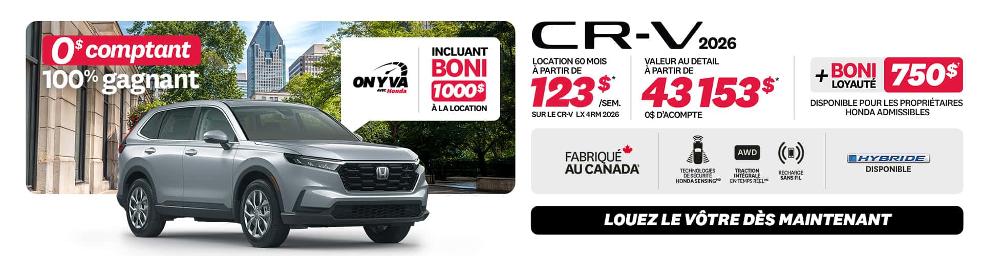 Promotion CR-V LX 4RM 2026 chez Honda Saint-Jean — location 122 $/semaine, 0 $ comptant