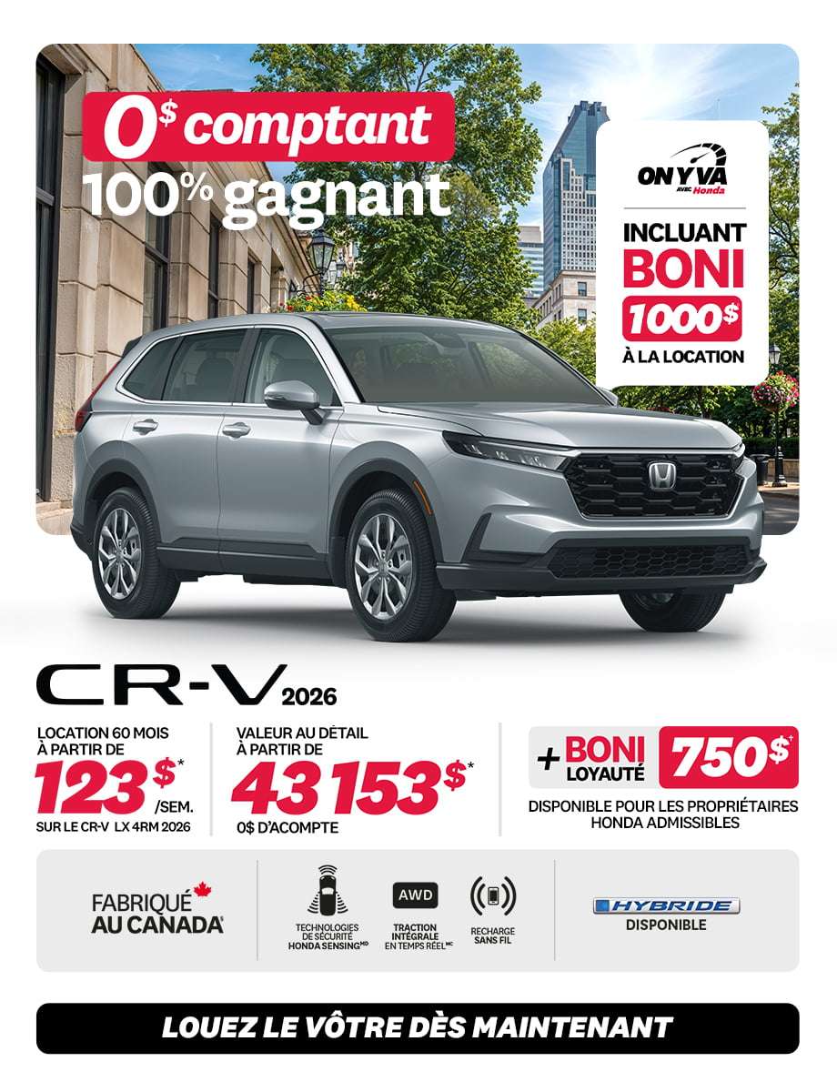 Promotion CR-V LX 4RM 2026 chez Honda Saint-Jean — location 122 $/semaine, 0 $ comptant