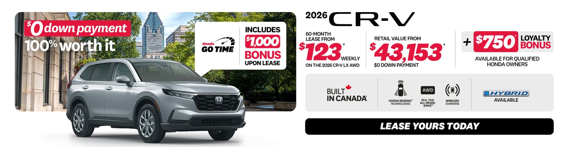 CR-V LX AWD 2026 promotion at Honda Saint-Jean — lease $122/week, $0 down