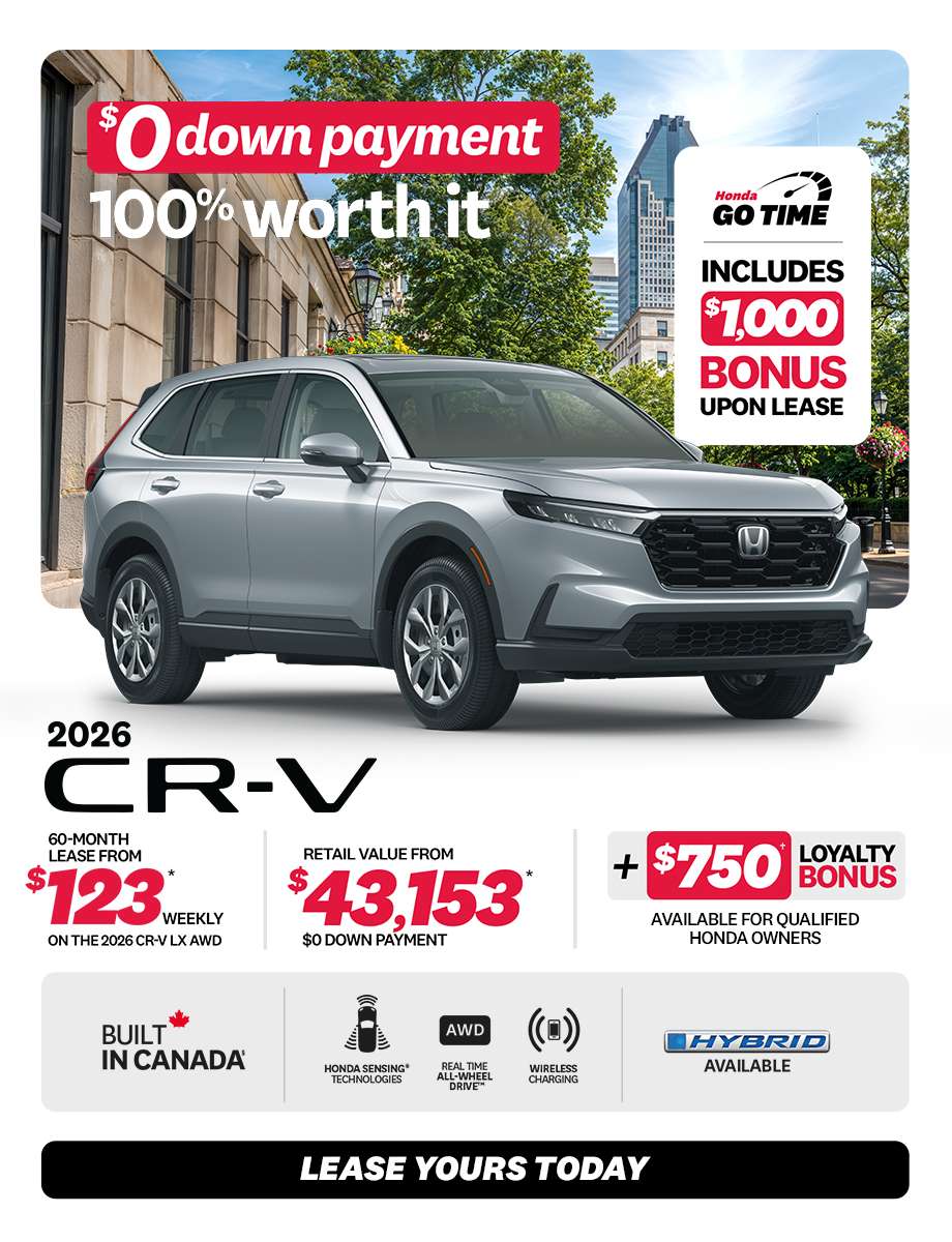 CR-V LX AWD 2026 promotion at Honda Saint-Jean — lease $122/week, $0 down