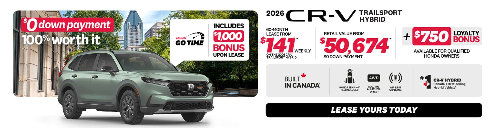 CR-V Sport Hybrid 2026 promotion at Honda Saint-Jean — lease $140/week, $0 down