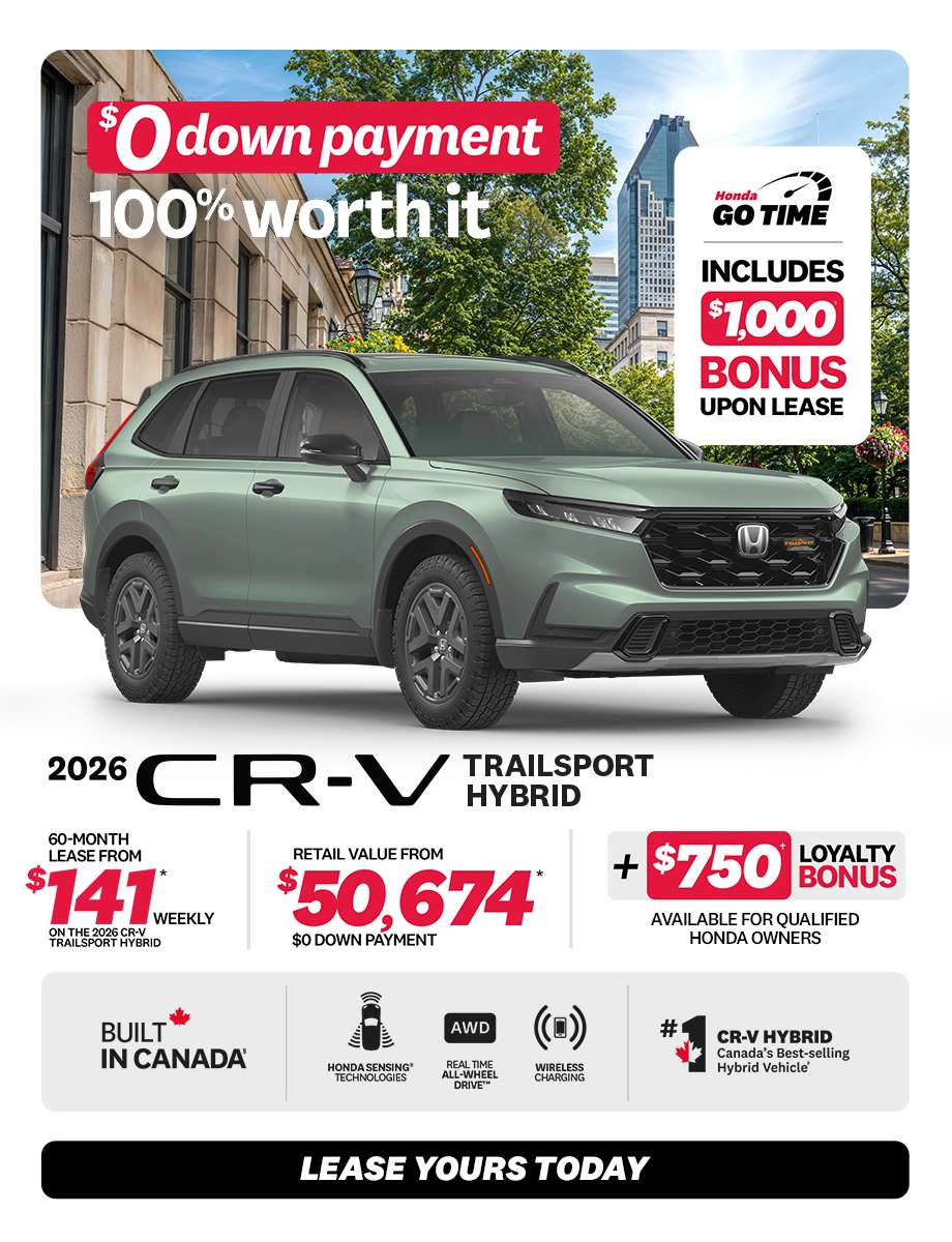 CR-V Sport Hybrid 2026 promotion at Honda Saint-Jean — lease $140/week, $0 down