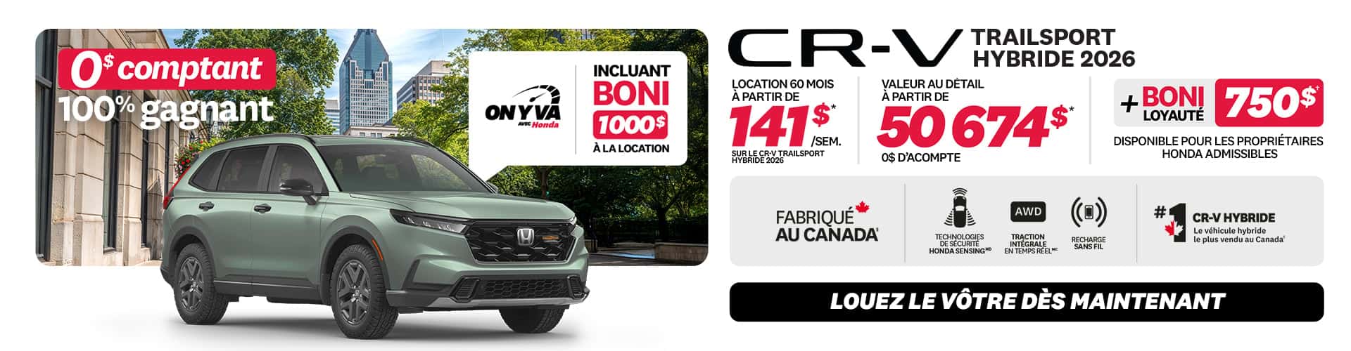 Promotion CR-V Sport Hybride 2026 chez Honda Saint-Jean — location 140 $/semaine, 0 $ comptant