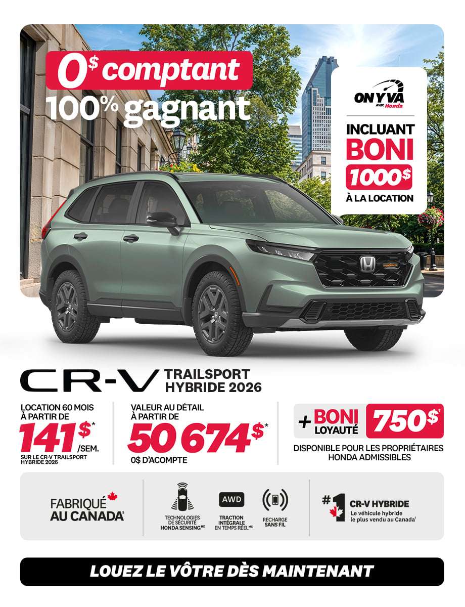 Promotion CR-V Sport Hybride 2026 chez Honda Saint-Jean — location 140 $/semaine, 0 $ comptant