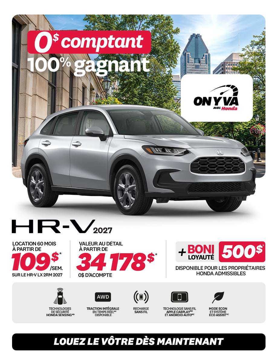 Promotion HR-V LX 4RM 2026 chez Honda Saint-Jean — location 108 $/semaine, 0 $ comptant