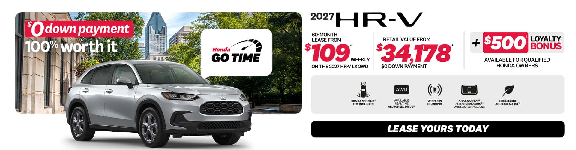 HR-V LX AWD 2026 promotion at Honda Saint-Jean — lease $108/week, $0 down