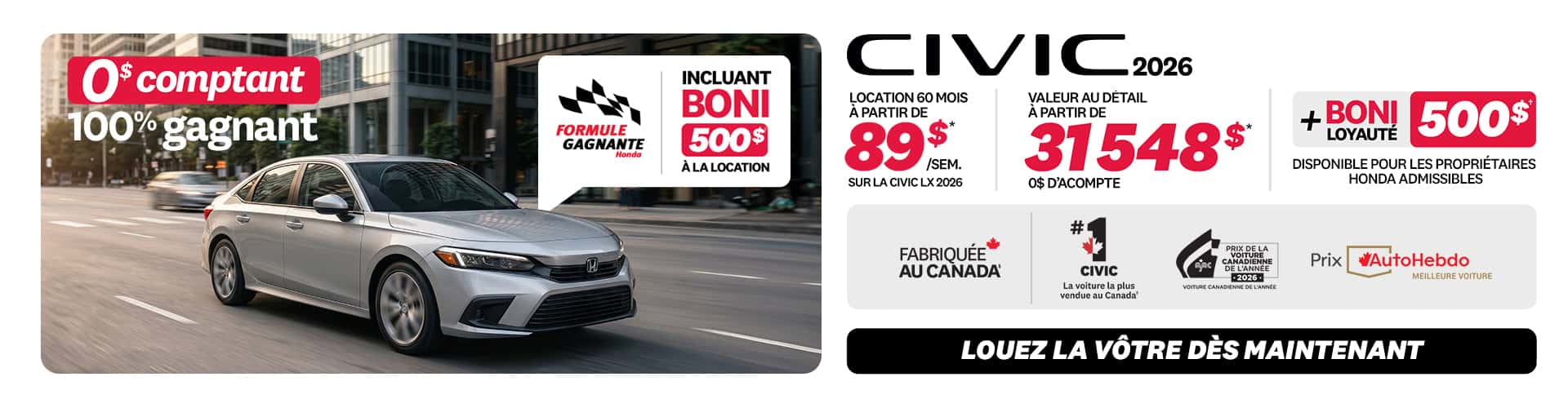 Promotion Civic Berline LX 2026 chez Honda Saint-Jean — location 89 $/semaine, 0 $ comptant