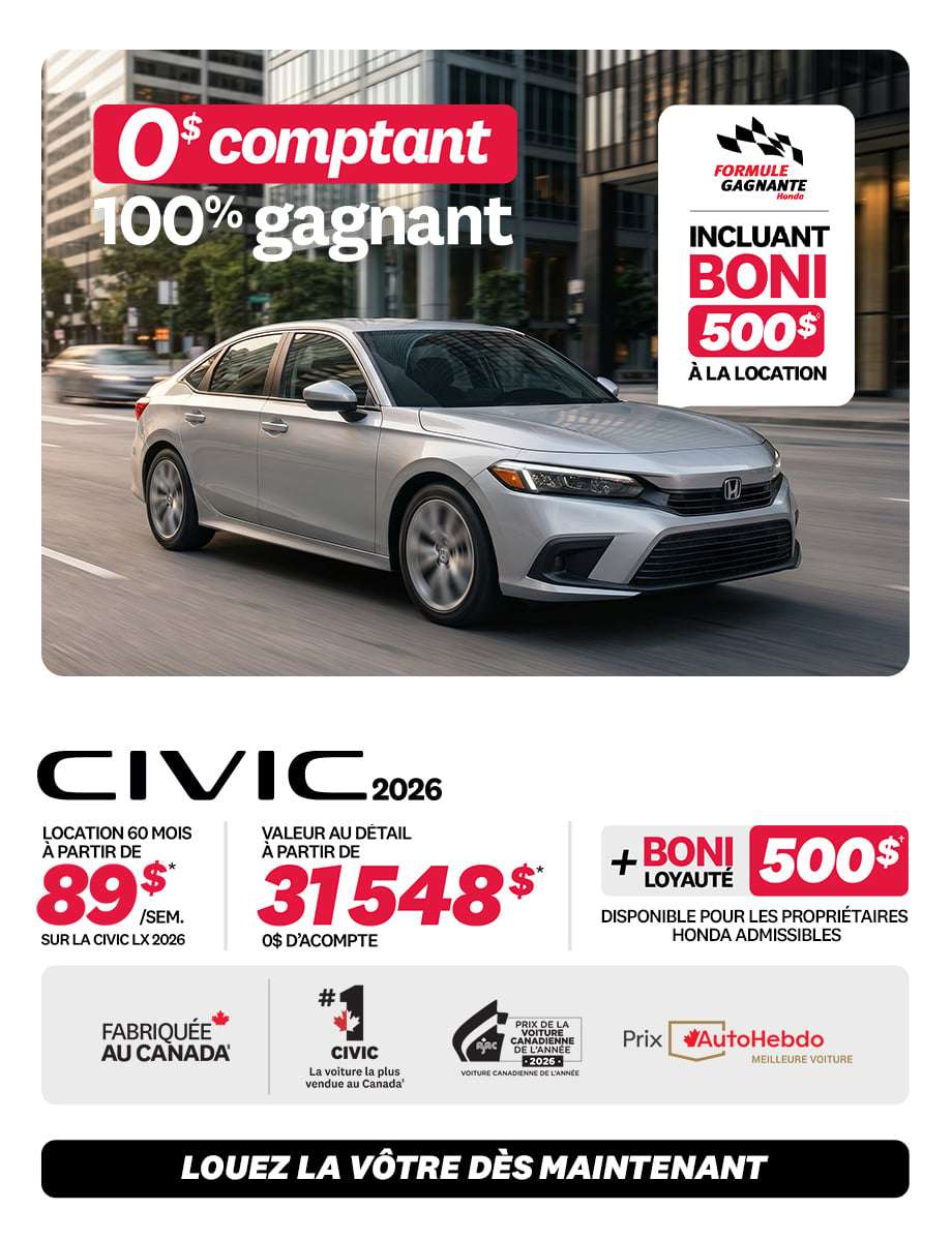 Promotion Civic Berline LX 2026 chez Honda Saint-Jean — location 89 $/semaine, 0 $ comptant
