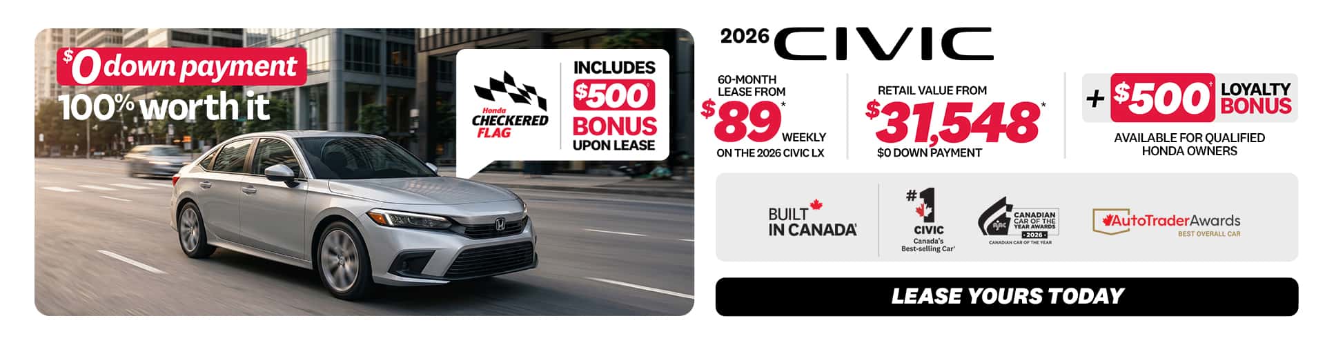 Civic Sedan LX 2026 promotion at Honda Saint-Jean — lease $89/week, $0 down