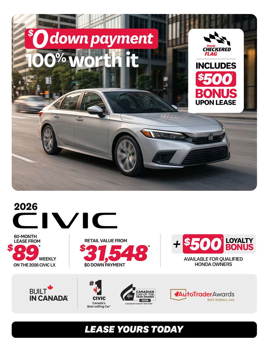 Civic Sedan LX 2026 promotion at Honda Saint-Jean — lease $89/week, $0 down