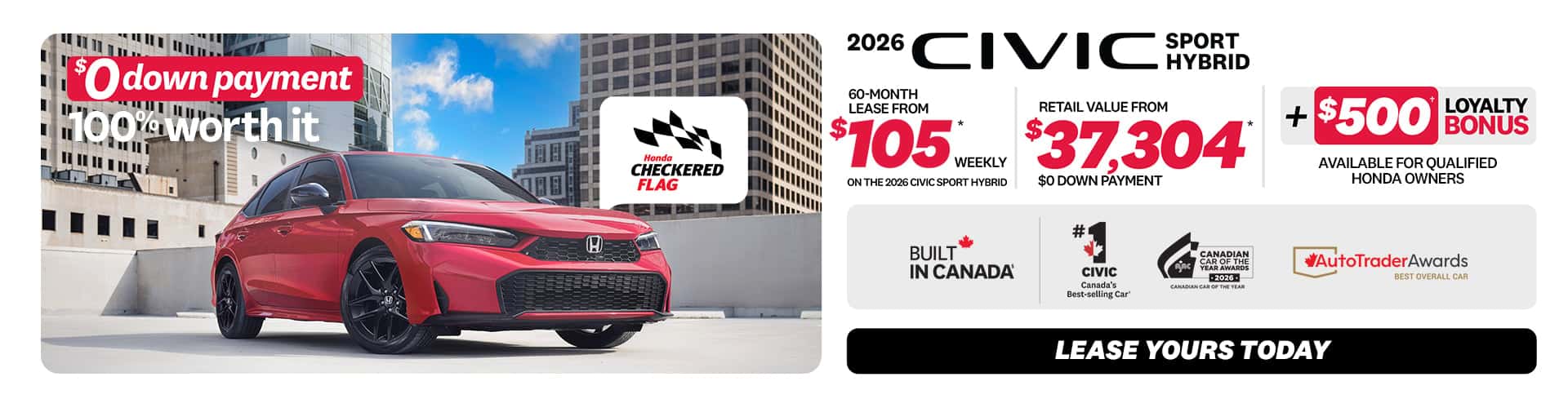 Civic Sport Hybrid 2026 promotion at Honda Saint-Jean — lease $105/week, $0 down
