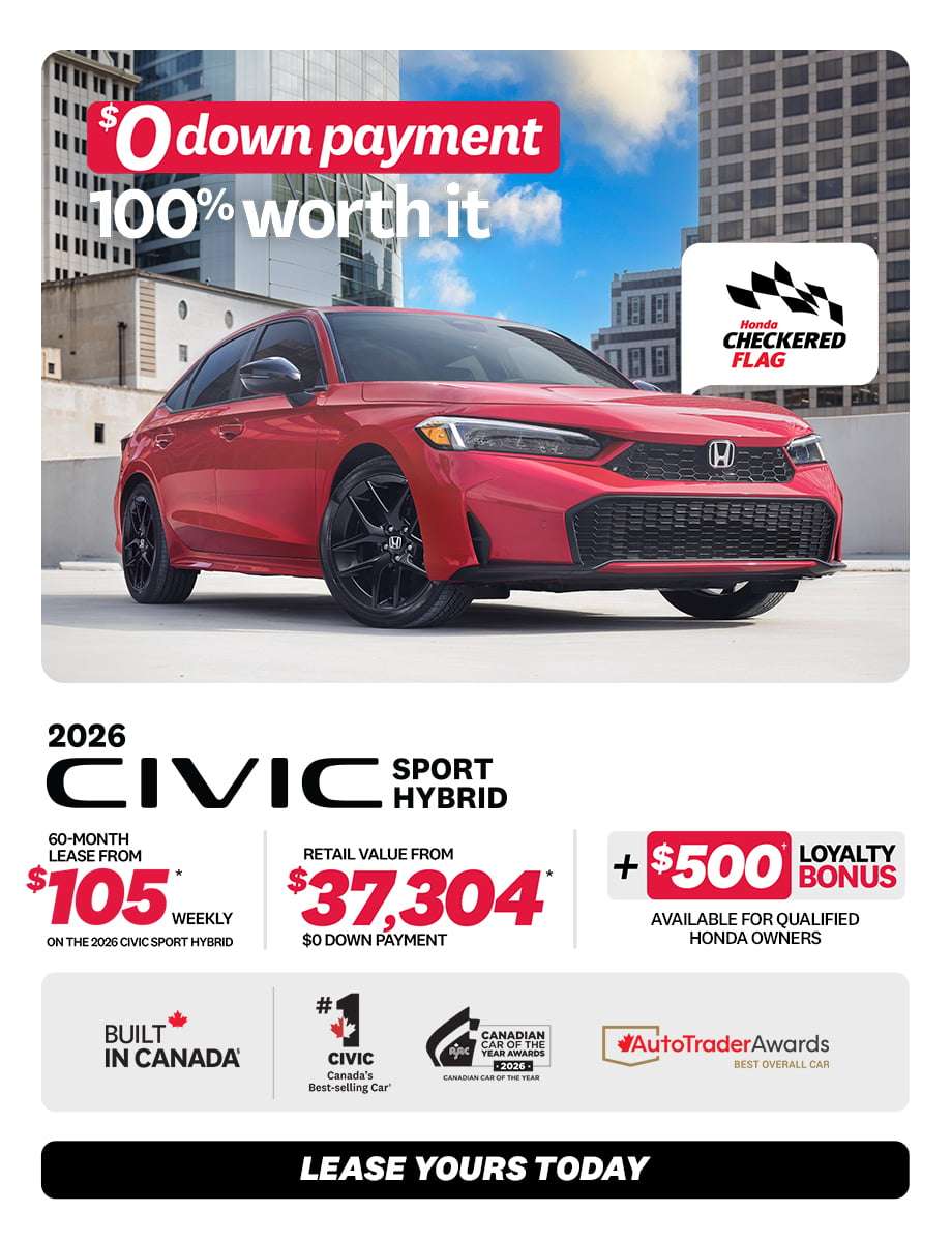 Civic Sport Hybrid 2026 promotion at Honda Saint-Jean — lease $105/week, $0 down