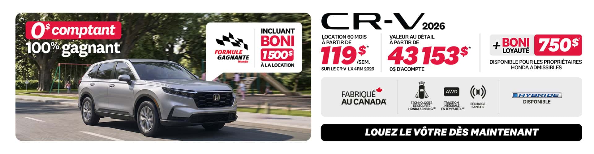 Promotion CR-V LX 4RM 2026 chez Honda Saint-Jean — location 119 $/semaine, 0 $ comptant