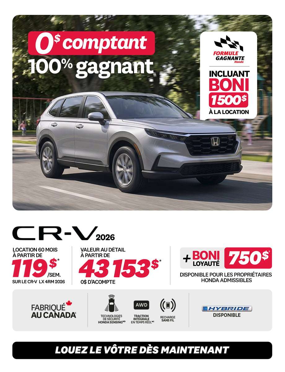 Promotion CR-V LX 4RM 2026 chez Honda Saint-Jean — location 119 $/semaine, 0 $ comptant