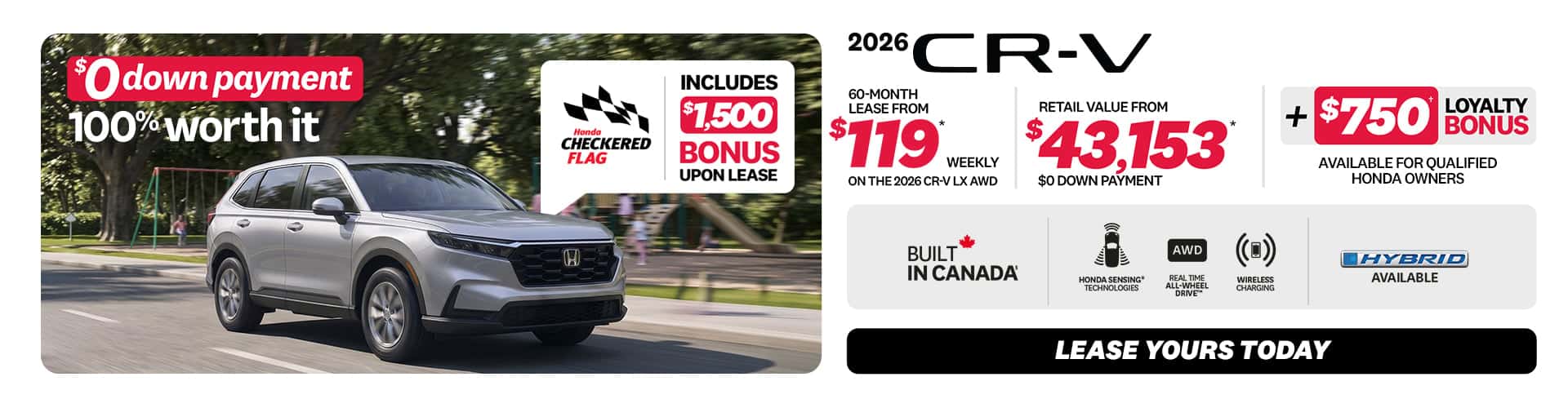 CR-V LX AWD 2026 promotion at Honda Saint-Jean — lease $119/week, $0 down