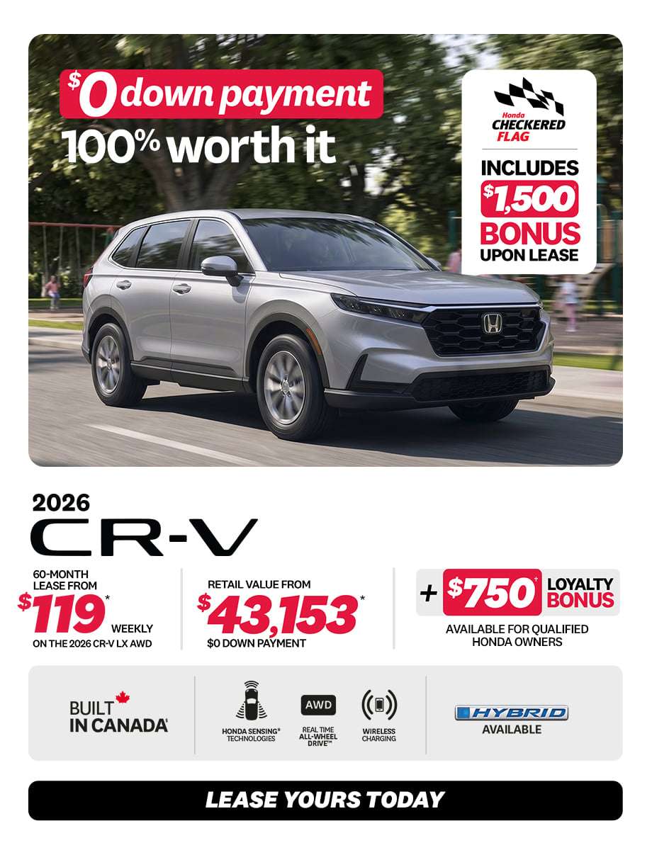 CR-V LX AWD 2026 promotion at Honda Saint-Jean — lease $119/week, $0 down