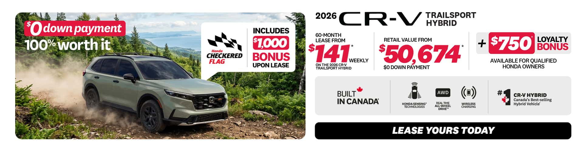 CR-V TrailSport Hybrid 2026 promotion at Honda Saint-Jean — lease $141/week, $0 down