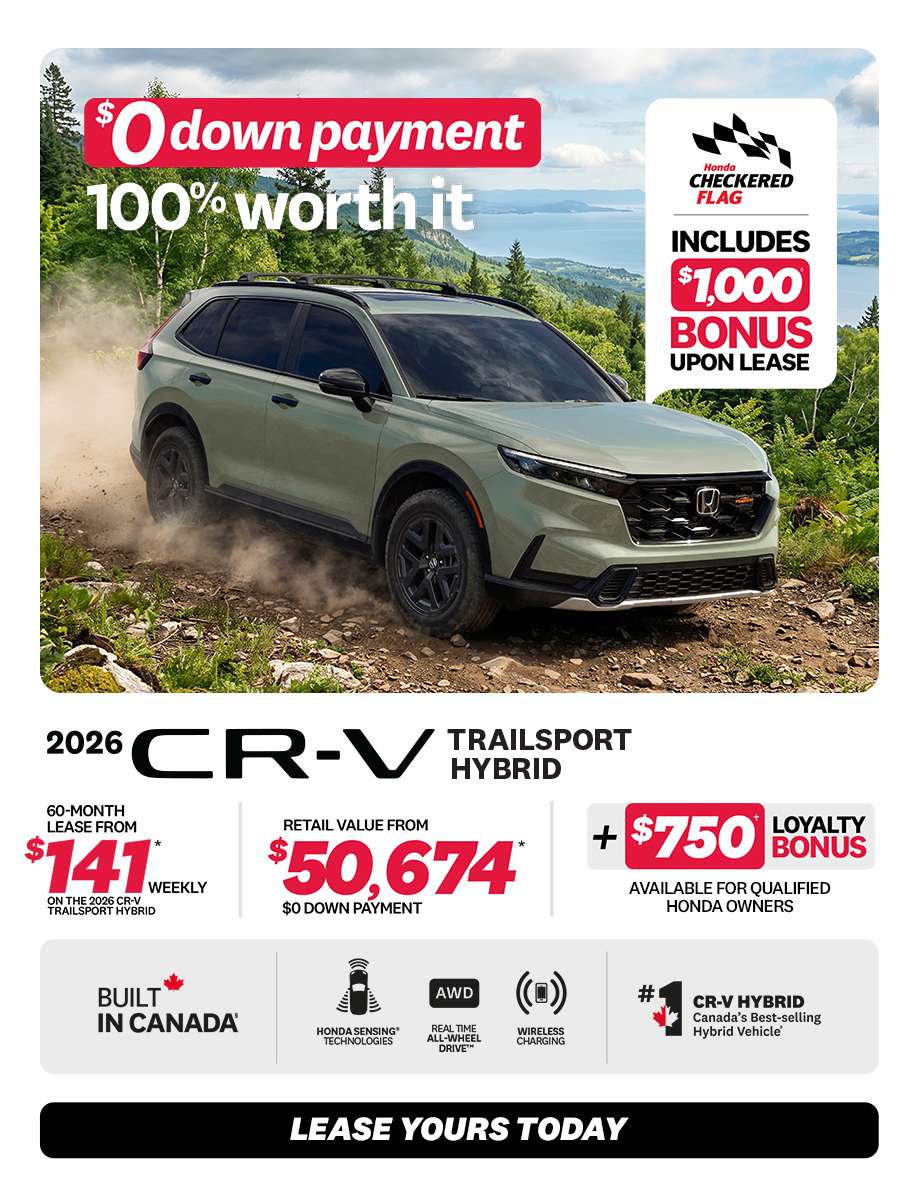 CR-V TrailSport Hybrid 2026 promotion at Honda Saint-Jean — lease $141/week, $0 down