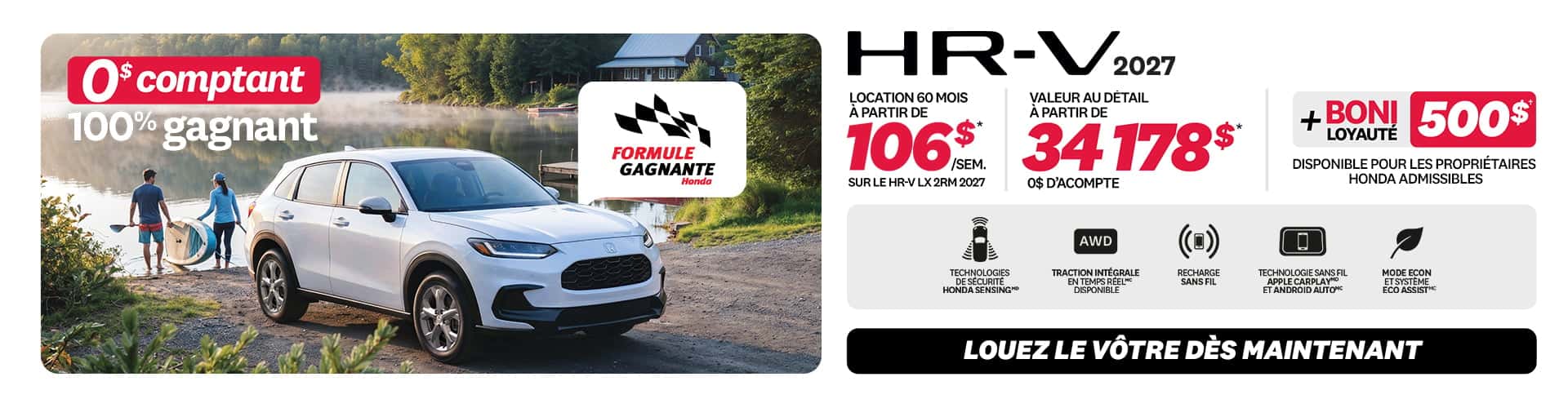 Promotion HR-V LX 2RM 2026 chez Honda Saint-Jean — location 106 $/semaine, 0 $ comptant