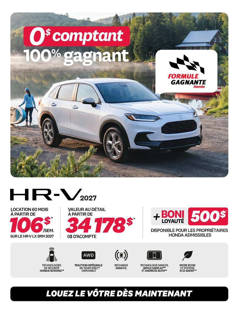 Promotion HR-V LX 2RM 2026 chez Honda Saint-Jean — location 106 $/semaine, 0 $ comptant