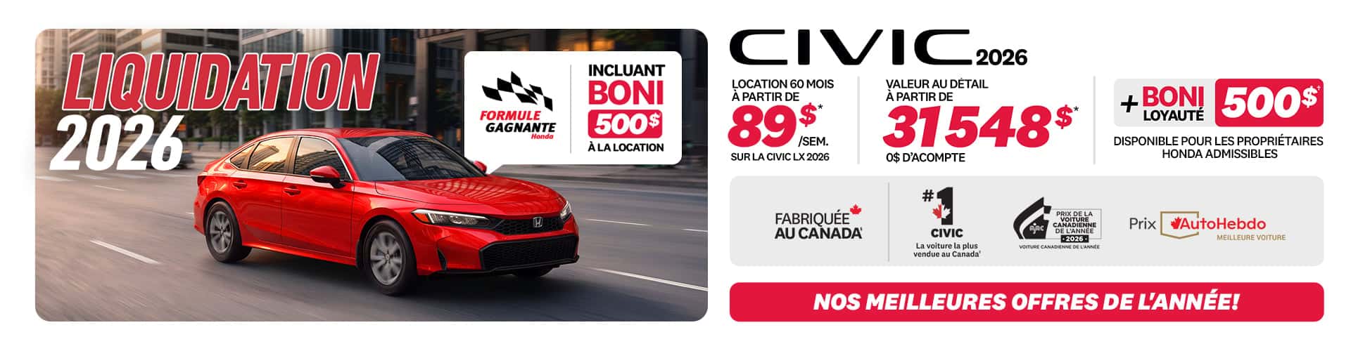 Promotion Civic Berline LX 2026 chez Honda Saint-Jean — location 89 $/semaine, 0 $ comptant