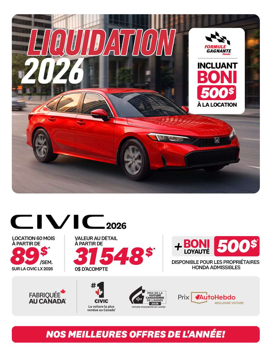 Promotion Civic Berline LX 2026 chez Honda Saint-Jean — location 89 $/semaine, 0 $ comptant