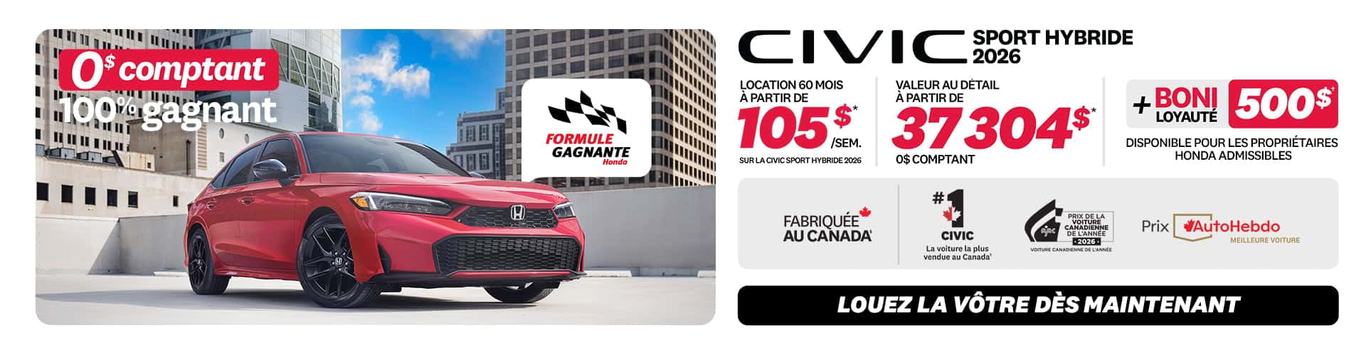 Promotion Civic Sport Hybride 2026 chez Honda Saint-Jean — location 105 $/semaine, 0 $ comptant