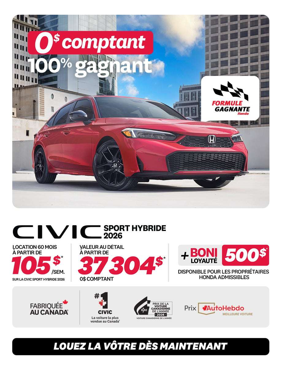 Promotion Civic Sport Hybride 2026 chez Honda Saint-Jean — location 105 $/semaine, 0 $ comptant