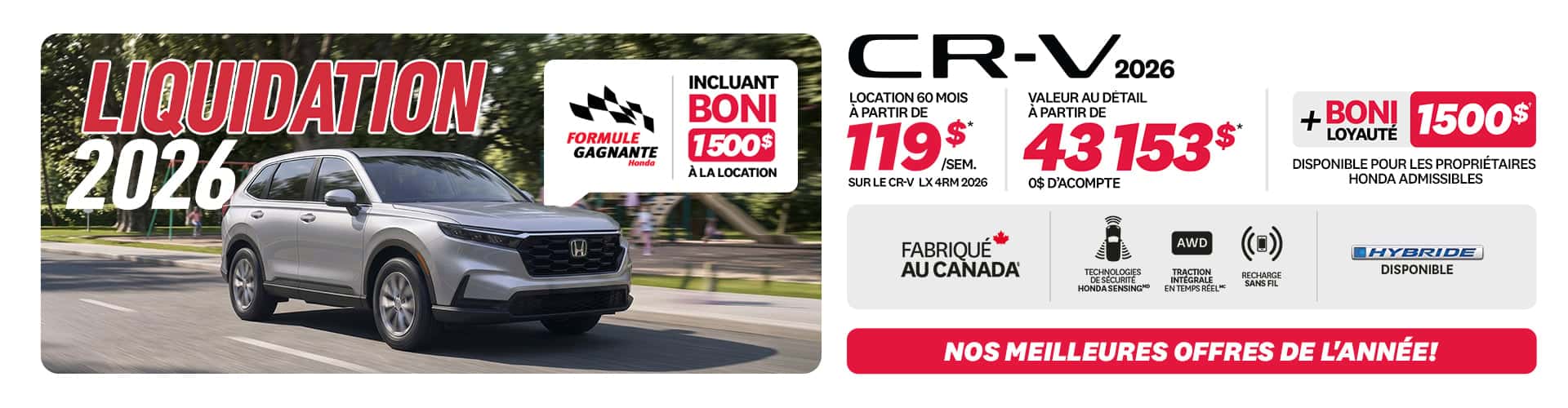 Promotion CR-V LX 4RM 2026 chez Honda Saint-Jean — location 119 $/semaine, 0 $ comptant
