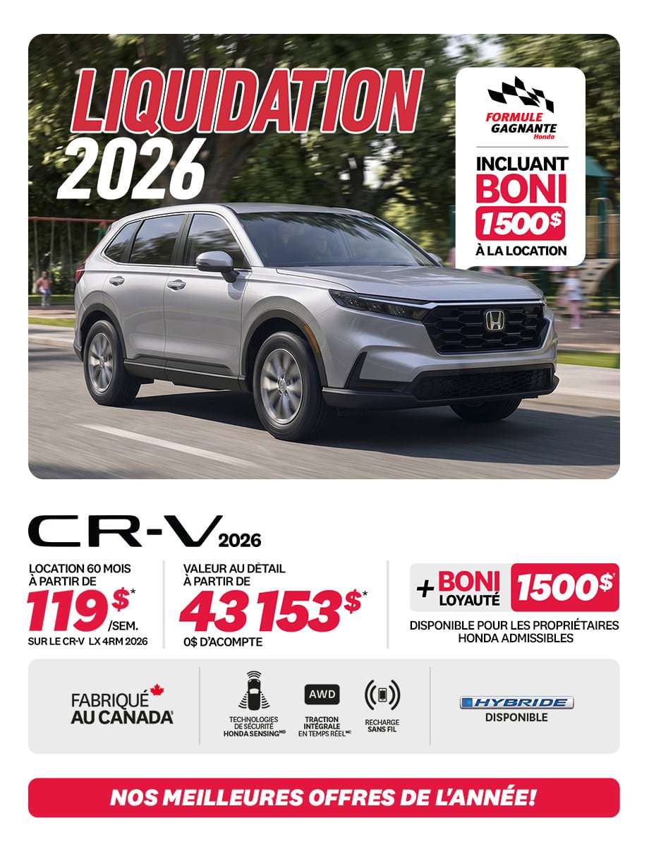 Promotion CR-V LX 4RM 2026 chez Honda Saint-Jean — location 119 $/semaine, 0 $ comptant
