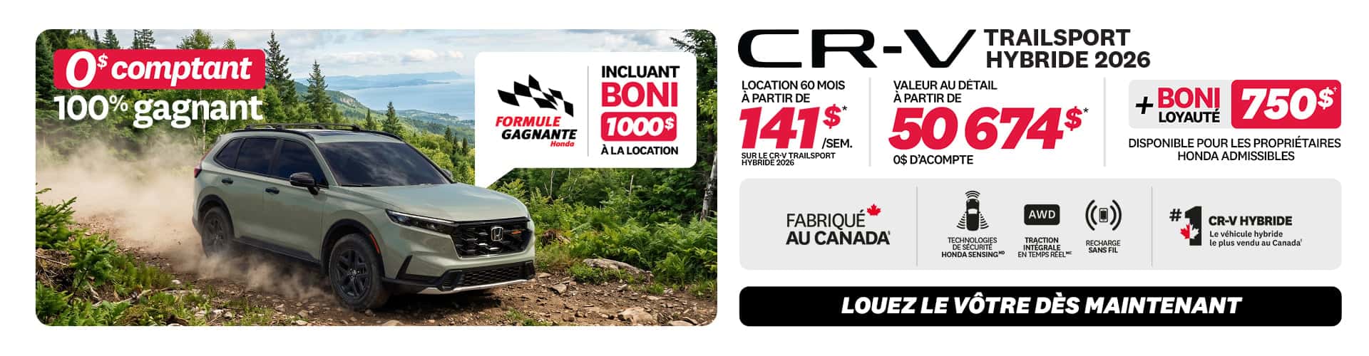 Promotion CR-V TrailSport Hybride 2026 chez Honda Saint-Jean — location 141 $/semaine, 0 $ comptant