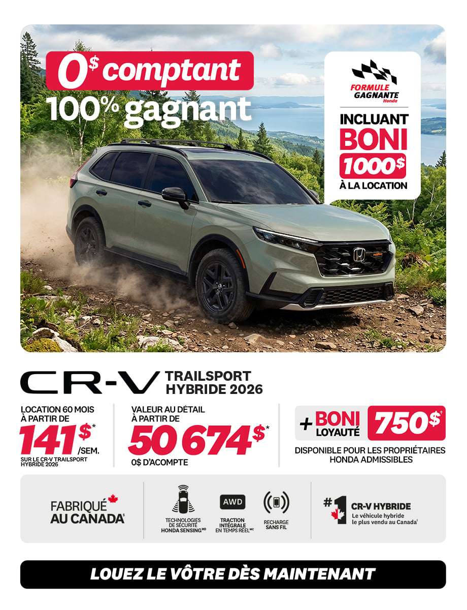 Promotion CR-V TrailSport Hybride 2026 chez Honda Saint-Jean — location 141 $/semaine, 0 $ comptant