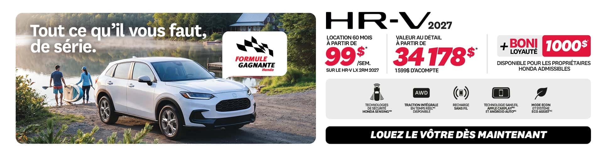 Promotion HR-V LX 2RM 2026 chez Honda Saint-Jean — location 99 $/semaine, 0 $ comptant