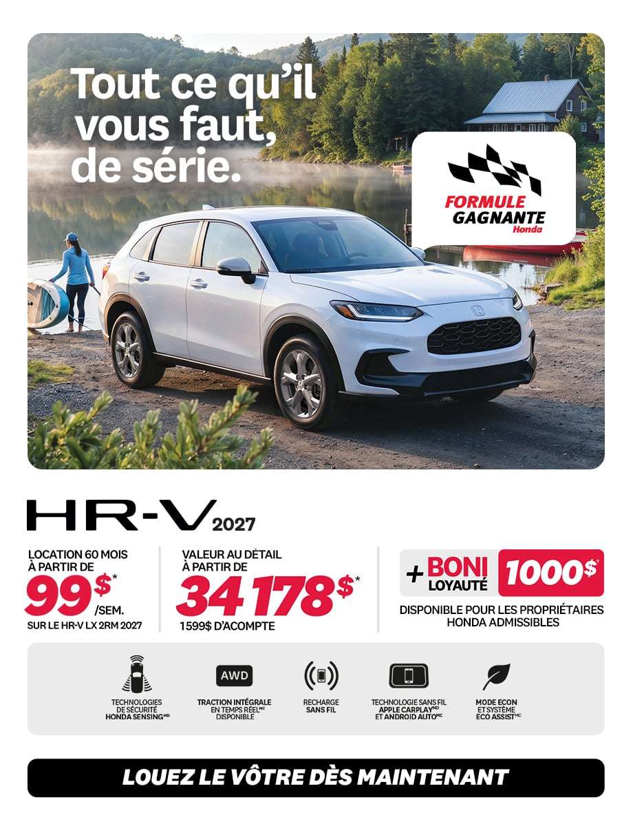 Promotion HR-V LX 2RM 2026 chez Honda Saint-Jean — location 99 $/semaine, 0 $ comptant