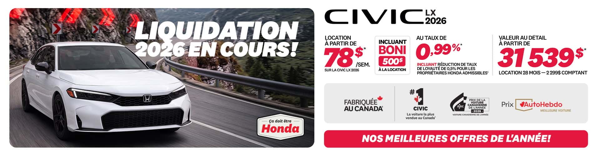 Honda Civic Berline LX 2026 en promotion chez Honda Saint-Jean — location à partir de 78 $/semaine