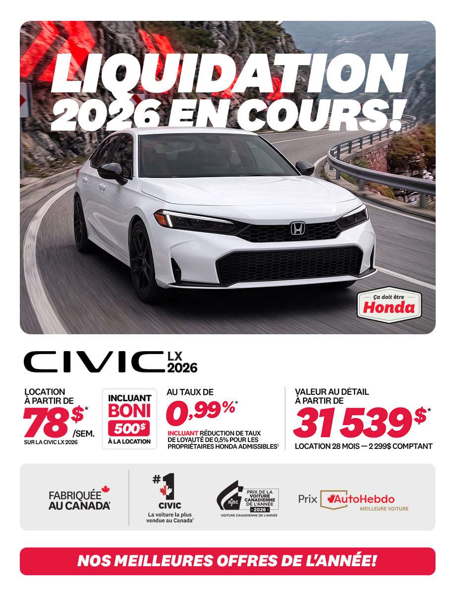 Honda Civic Berline LX 2026 en promotion chez Honda Saint-Jean — location à partir de 78 $/semaine