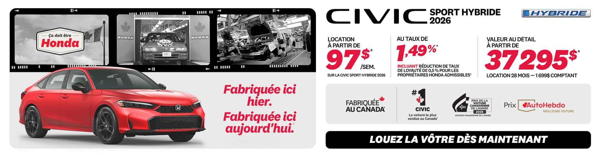 Honda Civic Sport Hybride 2026 en promotion chez Honda Saint-Jean — location à partir de 97 $/semaine