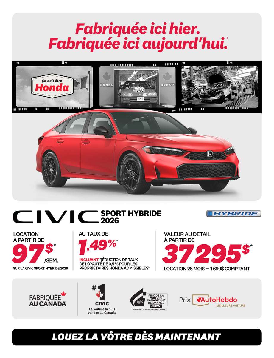 Honda Civic Sport Hybride 2026 en promotion chez Honda Saint-Jean — location à partir de 97 $/semaine