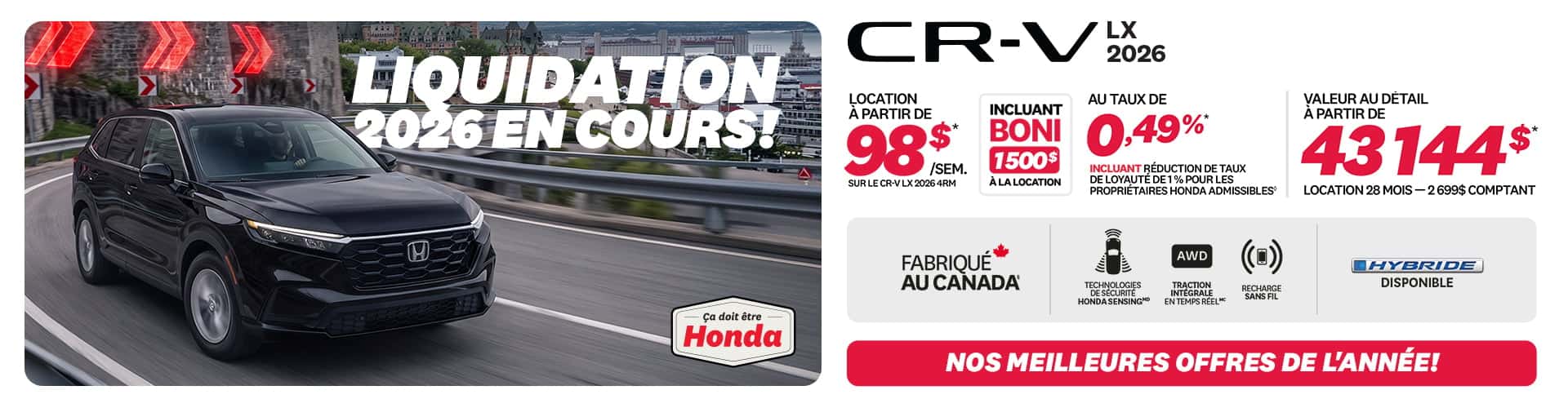 Honda CR-V LX 4RM 2026 en promotion chez Honda Saint-Jean — location à partir de 98 $/semaine